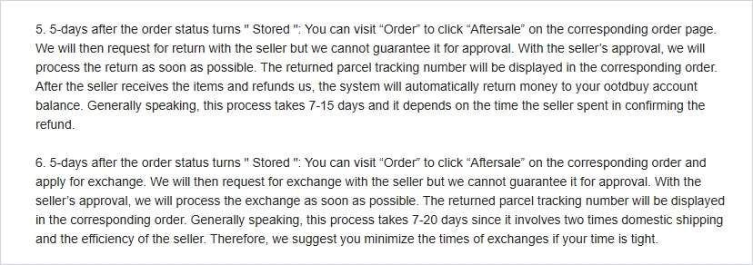 Two numbered paragraphs describing return and exchange requests after an order reaches the Stored status, each stating that approval cannot be guaranteed