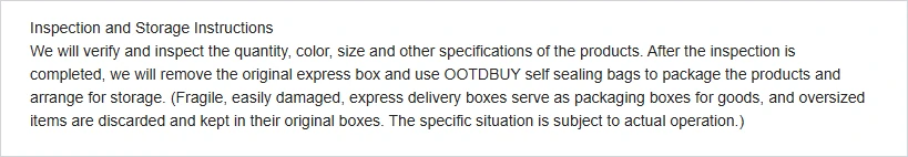 A paragraph headed Inspection and Storage Instructions, describing verification of quantity, colour and size and repacking into self-sealing bags