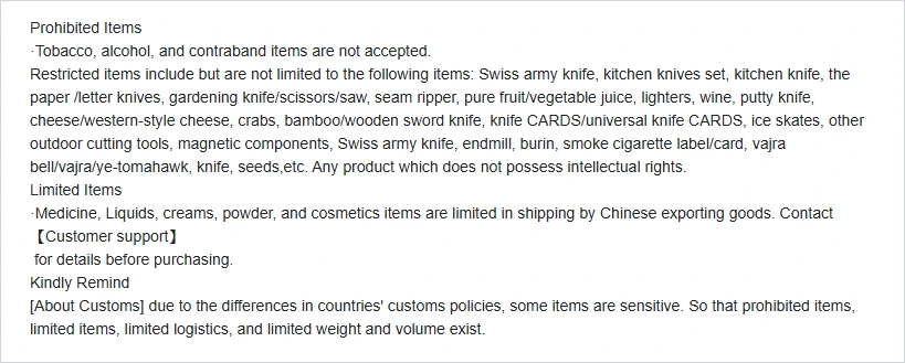 A notice listing prohibited items, a long restricted list of knives, lighters and magnetic components, a limited items line about medicine and liquids, and a reminder about customs