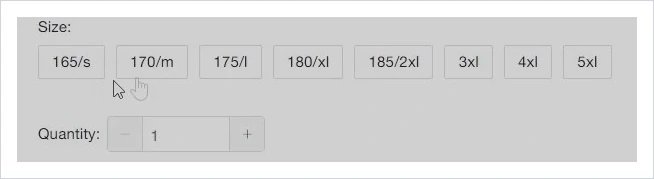 Size buttons carrying letters and heights beside a quantity control, all set by the seller rather than measured