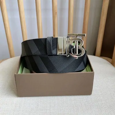 A checked belt with a silver buckle coiled inside an open cardboard box on a pale seat