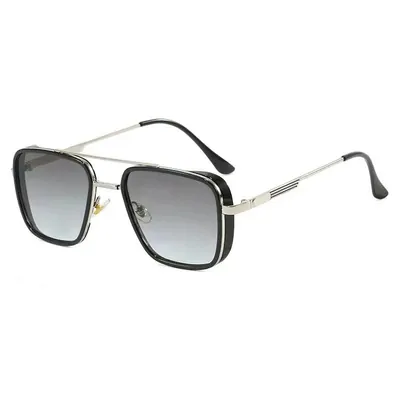 Square double bridge sunglasses with silver metal arms and grey gradient lenses on a white background