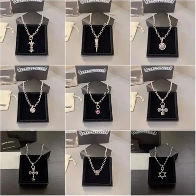 Nine silver chain necklaces, each in its own dark presentation box, photographed in a three by three grid