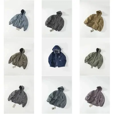 Nine hooded jackets laid flat in a three by three grid, one to a panel, in blues, greens and browns